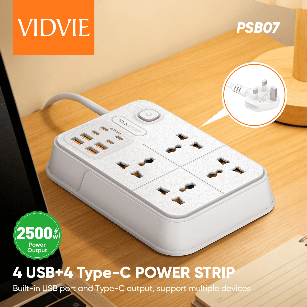 2500watts 4 USB + 4 Type-C Power Strip. thumbnail 2