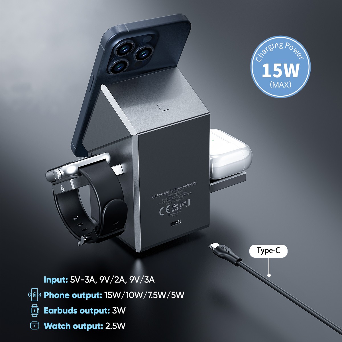 15W desktop 3-in-1 touch stand wireless charging thumbnail 5